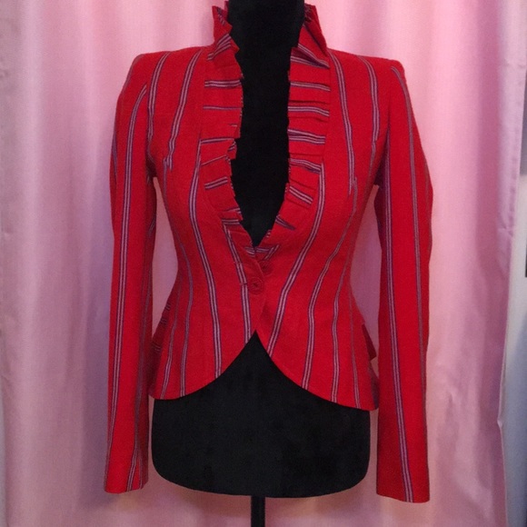 Jackets & Blazers - Red, White, Navy Striped Jacket with Ruffled Neck